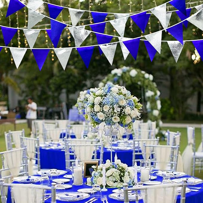 Royal Blue Silver Party Decorations Navy Blue Triangle Pennant Banner Flag Metallic Fabric Bunting Garland for Birthday Graduation Wedding Retirement Nautical Ahoy Achor Pirate Theme Party Supplies