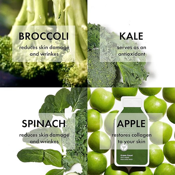 ESW Beauty Green Reset - Anti-Aging Raw Juice Face Mask (6-Pack) - Revitalizing with Kale, Spinach, Broccoli & Apple for Mature Skin - Boosts Collagen & Reduces Wrinkles