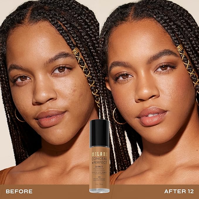 Milani Conceal + Perfect 2-in-1 Foundation + Concealer for a Flawless Complexion, Under Eye Corrector, Cover Redness and Imperfections, Waterproof and Sweatproof - Spiced Almond