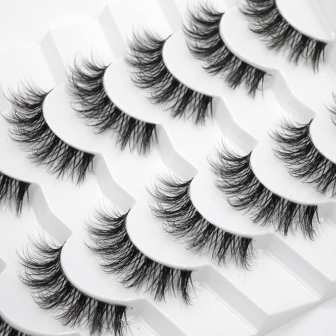 3D Clear Band False EyeLashes C/D Curl Soft Faux Mink Lashes Natural Look Cat Eye Fake lashes Short Russian Strip Lashes 7 Pairs-Happy Heartbeat(No.213)