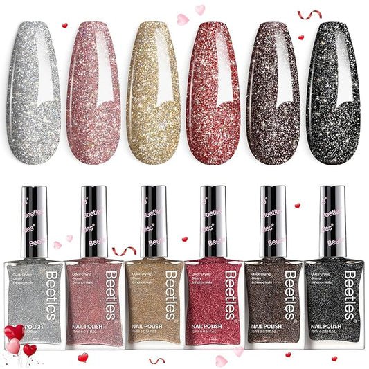Beetles Glitter Nail Polish Set, 6 Color Silver Pink Gold Red Brown Black Quick Air Dry Nail Polish Natural Elegant Nail Lacquer Manicure DIY Nail Art Salon Christmas Gifts For Women