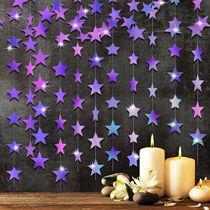 Patelai Glitter Star Garland Banner New Years Decor 130 Feet Star Hanging Banner Twinkle Backdrop for Birthday Classroom Wedding Halloween Christmas Party Supplies(Holographic Purple)