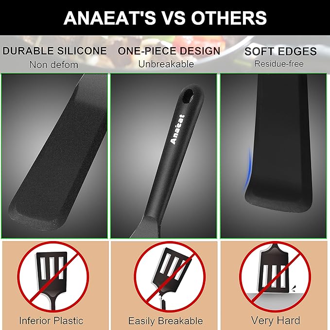 Anaeat Silicone Thin Spatula Set of 2 - Mini Brownie Serving Spatulas - Non Stick Spurtle Turner for Easy Cooking Eggs, Omelet, Pancake, Burgers, Pizza, Steak, Crepes, Heat Resistant & BPA Free