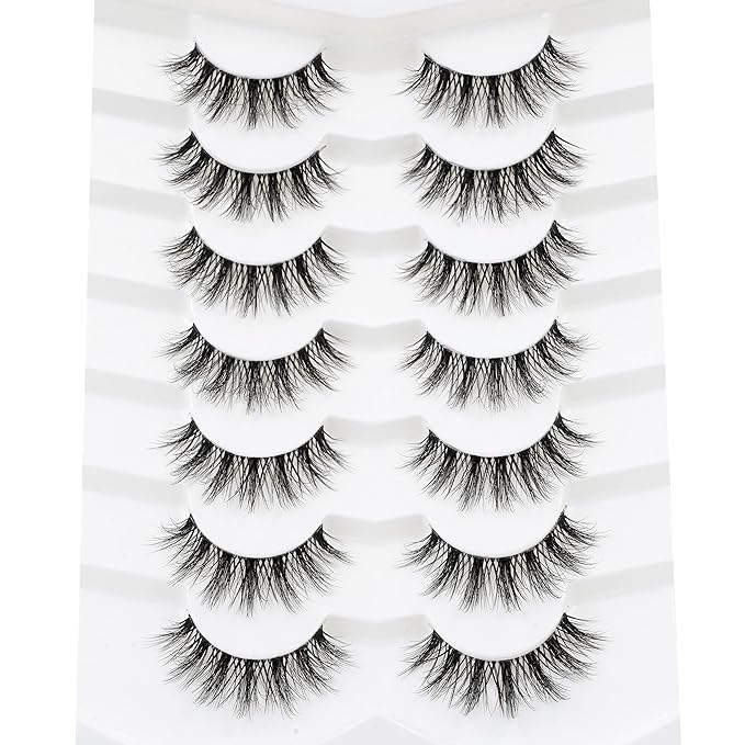 3D Clear Band False EyeLashes C/D Curl Soft Faux Mink Lashes Natural Look Cat Eye Fake lashes Short Russian Strip Lashes 7 Pairs-Happy Heartbeat(No.213)
