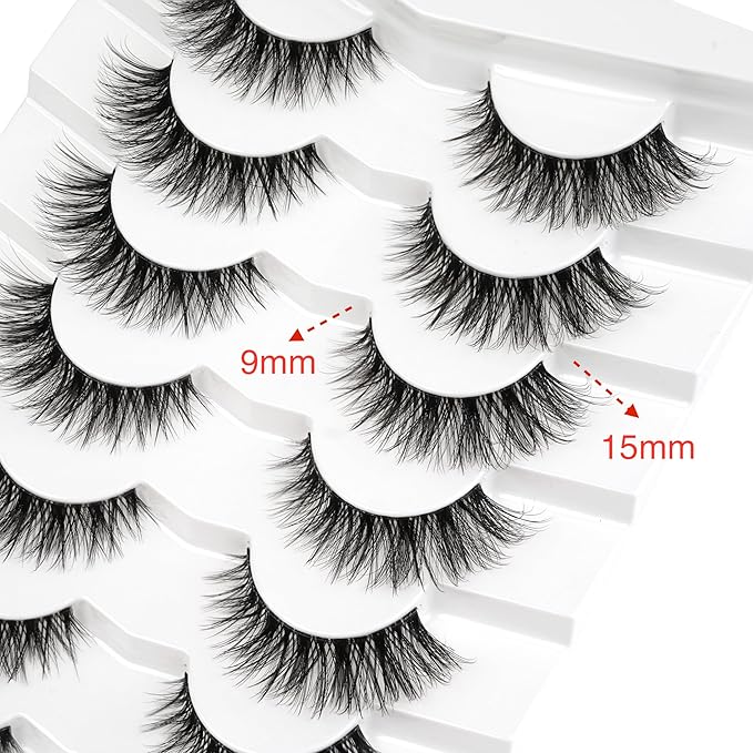 3D Clear Band Lashes 15mm Natural Soft Faux Mink Lashes C Curl Cat Eye Wispy Fake Eyelashes Reusable False EyeLashes 7 Pairs (No.212)