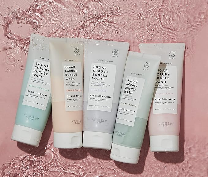 VOESH Sugar Scrub + Bubble Wash, Exfoliating Body Scrub & Body Wash, Blossom Bliss 2 Pack, Scalp Scrub, Scalp Care, Shower Sugar Scrub, Vegan Body Care