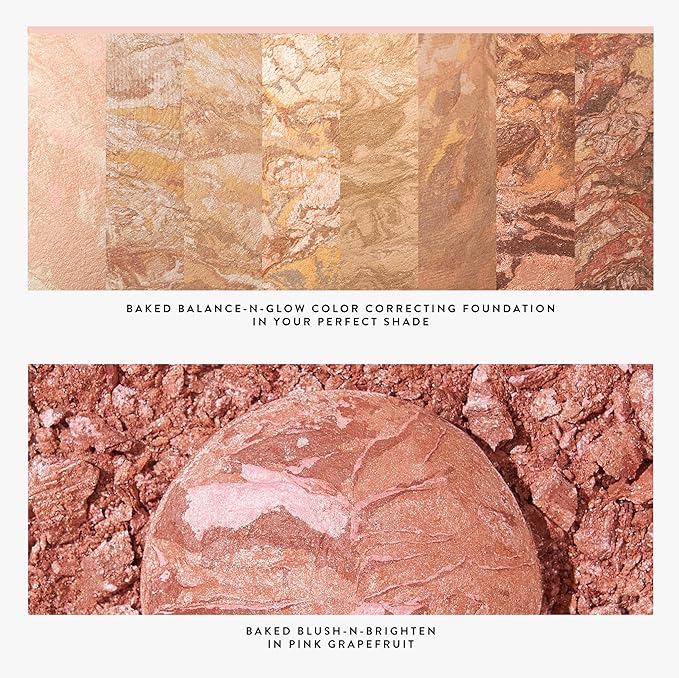 LAURA GELLER NEW YORK Blush-n-Glow Kit (3 PC): Baked Balance-N-Glow Illuminating Powder Foundation, Porcelain + Retractable Kabuki Brush + Baked Blush-N-Brighten, Pink Grapefruit
