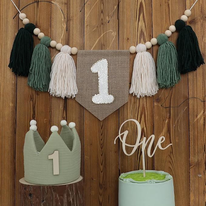 1st Green High chair Banner Wood Bead Tassel Garland Crown Hat Wooden Cake Topper Birthday Party Decorations