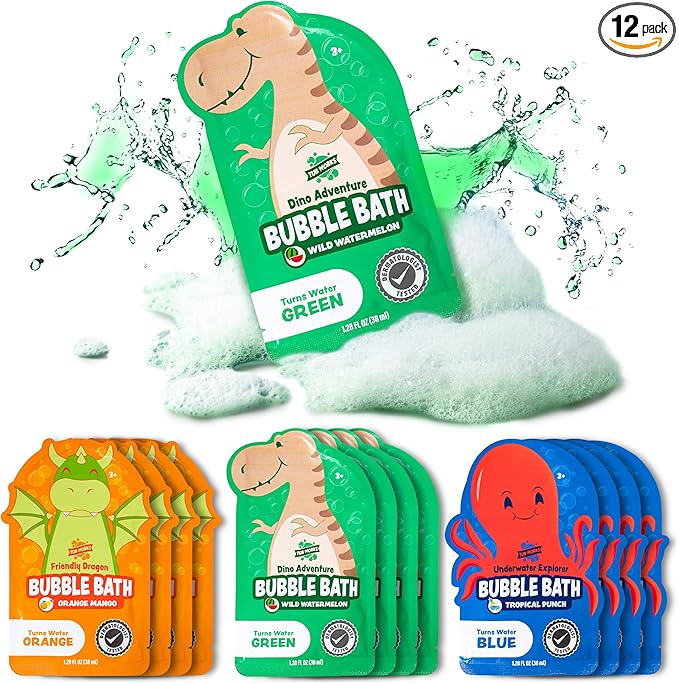 Tub Works® Magical Kids Bubble Bath, Variety 12 Pack | Creates Colorful Water & Tons of Bath Bubbles | Nontoxic | Character-Themed Bubble Bath for Kids | Green, Blue & Orange Bath Colors