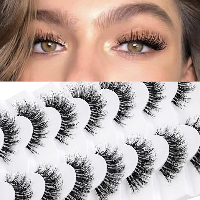 3D Clear Band Lashes 14mm Natural Soft Faux Mink Lashes C/D Curl Cat Eye Wispy Fake Eyelashes Short Cross Reusable False EyeLashes 7 Pairs (No.219)
