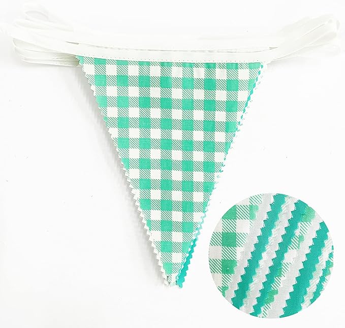32Ft Aqua Green Plaid Checkered Party Banners Gingham Triangle Pennant Flag Bunting Fabric Garland Streamers for Wedding Birthday Picnic BBQ Bridal Baby Shower Outdoor Garden Festivals Decoration