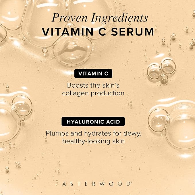 Asterwood Vitamin C Face Serum - with Hyaluronic Acid - Smoothing, Hydrating, Stimulates Collagen Production - Fragrance-Free - 8 Fl Oz
