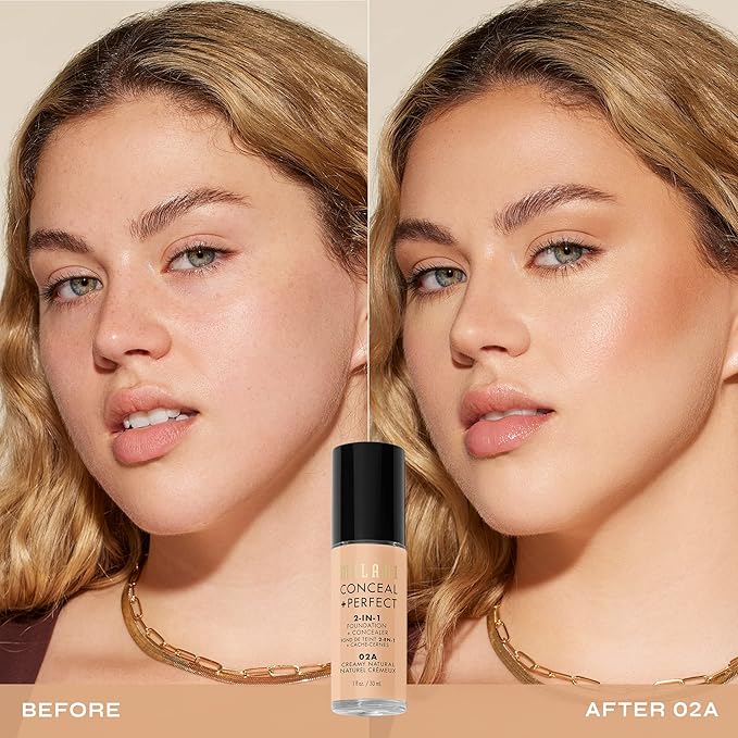 Milani Conceal + Perfect 2-in-1 Foundation + Concealer for a Flawless Complexion, Under Eye Corrector, Cover Redness and Imperfections, Waterproof and Sweatproof - Creamy Natural