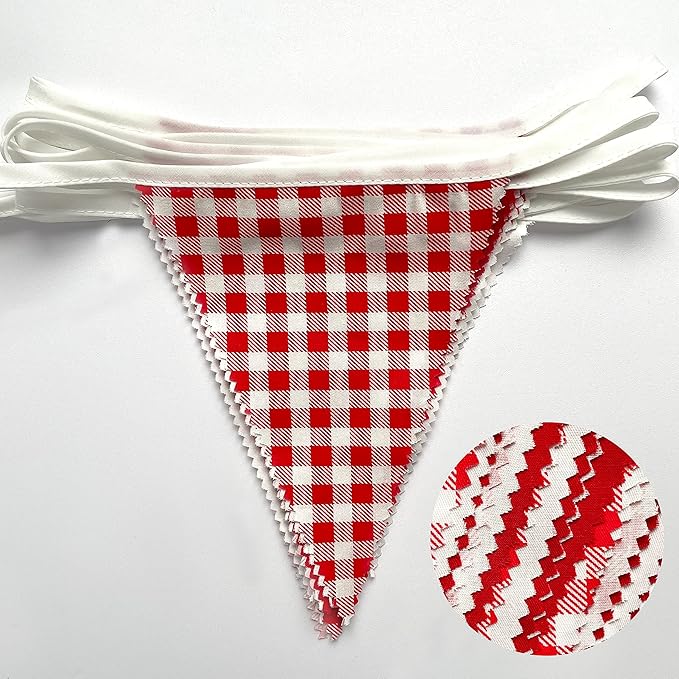 32Ft Red Party Decorations Red Plaid Checkered White Triangle Flag Gingham Pennant Bunting Fabric Garland for Christmas Wedding Birthday Carnival Picnic X-mas Outdoor Home Party Festivals Decoration